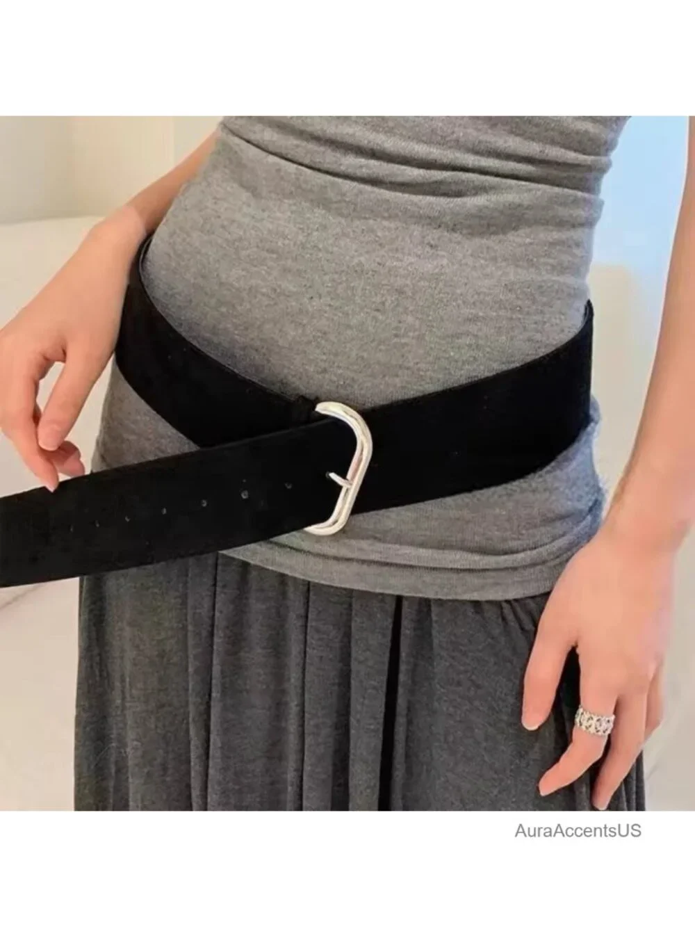 Wide Suede Waist Belt Adjustable Large Buckle Cinch Belt for Dresses